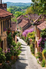Fototapeta premium Bird's-eye view of a European village in spring, with pastel-colored houses and blooming flowers lining the streets.