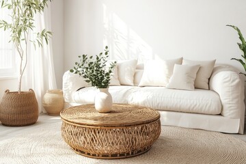 Interior of light living room with sofas, rattan table and soft carpet with generative ai