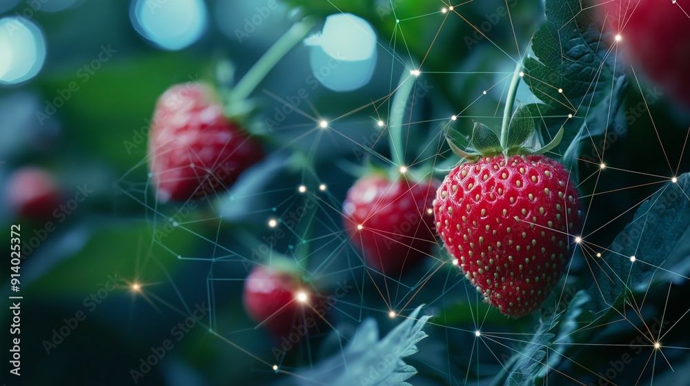 Poster strawberries connected by digital network, symbolizing the integration of natural elements with adva