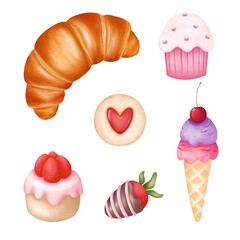 Set of watercolor dessert clipart.Whimsical  sweets decoration,Bakery,Valentines day,Wedding decoration,food decoration.