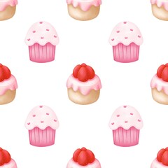 Watercolor seamless pattern,sweet cake background, paper,textile happy.Sweet food decoration. Watercolor illustration for  Valentines day.