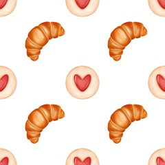 Watercolor seamless pattern sweet pastries.Bakery decoration,food design.