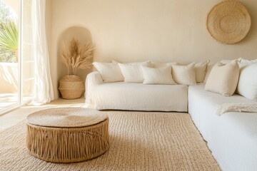 Interior of light living room with sofas, rattan table and soft carpet with generative ai