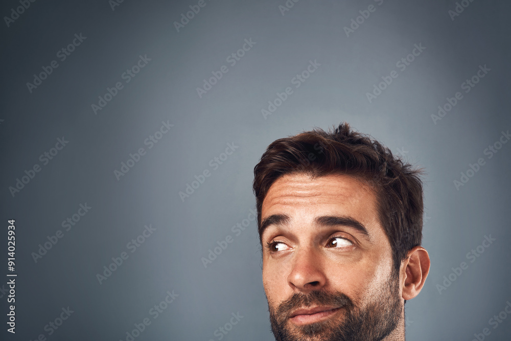 Poster happy man, eyes and thinking with choice on mockup space for notification in studio on a gray backgr
