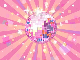 A pink disco ball with colorful squares, surrounded by sparkles and confetti on an illustration background.