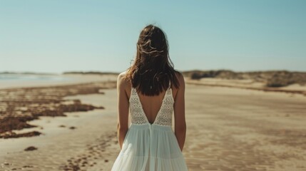 Obraz premium Woman in White Dress on a Beach