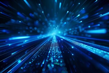 Blue light speed background with bokeh lights and digital elements, technology concept for internet or futuristic connection.