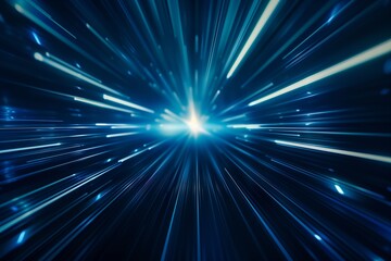 Abstract blue light speed background with white rays and glow effect. High-speed motion blur effect.