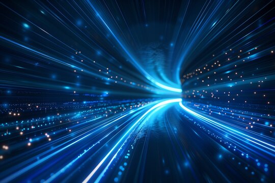 Blue light speed background with glowing trails and stars, data transfer concept in the style of unknown artist