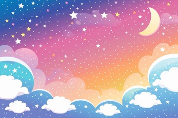 Cute cartoon landscape background with stars and clouds, pastel colors, simple design