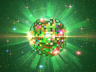 A vibrant green background with a sparkling disco ball and stars in a illustration design