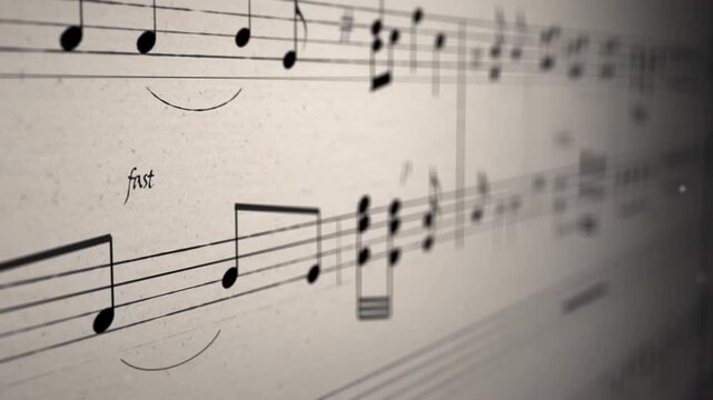 Old sheet music with handwritten notes on music paper, digital animation, background for music content and social media assets