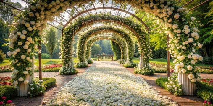 Serenity abounds in this idyllic blooming park, where a flower-entwined arch stands majestic, atop a carpet of white rose petals, evoking romantic ambiance and tender intimacy.