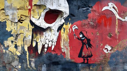 Vintage graffiti painting of a woman on a grungy wall at night, blending elements of nature and street art