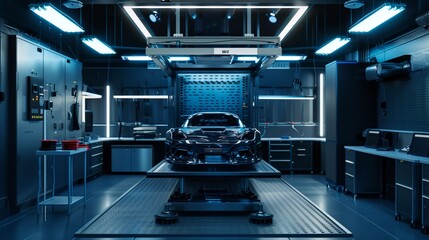 Sleek, black sports car is positioned on a platform in a high-tech automotive workshop, surrounded by cutting-edge diagnostic equipment