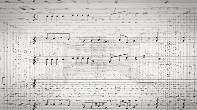 Flight through tunnel of paper sheet with musical notes, continuous loop animation with white background, concept for music videos