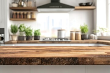 Kitchen counter with empty wooden board and blur modern kitchen interior background. Food and drink product podium stand tabletop with generative ai