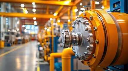 Wide-angle shot of a factory is pipework system featuring large valves, flanges, and automated control units, highlighting the robust and precise engineering design