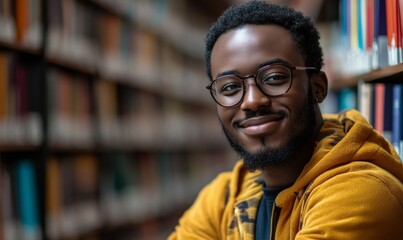 Fototapeta premium Joyful African American Student Portrait in Library: World Book Day Celebration. AI-Generated 4K Background Showcasing Campus Learning, Education, Confident Graduation Preparation, and Diverse Academi