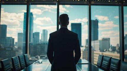 Businessman in a sharp suit stands in a modern office, looking out the window at the city skyline, symbolizing ambition and success