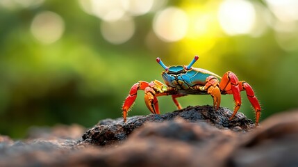 A high-resolution image of a colorful coconut crab climbing a rocky terrain with lush tropical vegetation in the background. The crab is bright colors contrast with the dark, textured rocks and green