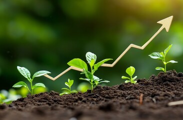 Fototapeta premium In the coin stacks, young plants are growing. Seedlings are growing with the business arrow of growth. Growth of money, finance, and investment.