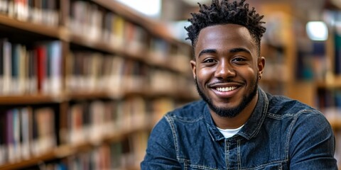 Joyful African American Student Portrait in Library: World Book Day Celebration. AI-Generated 4K Background Showcasing Campus Learning, Education, Confident Graduation Preparation, and Diverse Academi