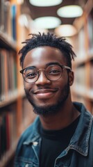 Obraz premium Joyful African American Student Portrait in Library: World Book Day Celebration. AI-Generated 4K Background Showcasing Campus Learning, Education, Confident Graduation Preparation, and Diverse Academi