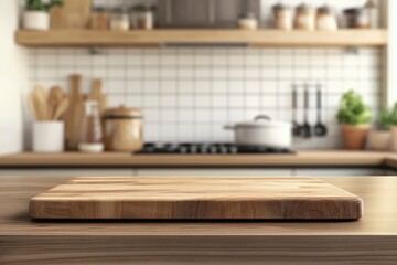 Kitchen counter with empty wooden board and blur modern kitchen interior background. Food and drink product podium stand tabletop with generative ai