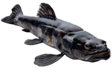 Black fish showcasing its sleek body and intricate details, isolated on transparent background.