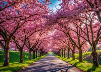 Fototapeta premium Vibrant pink cherry blossoms bloom abundantly along a serene winding road, creating a stunning natural tunnel of beauty under a clear blue sky.