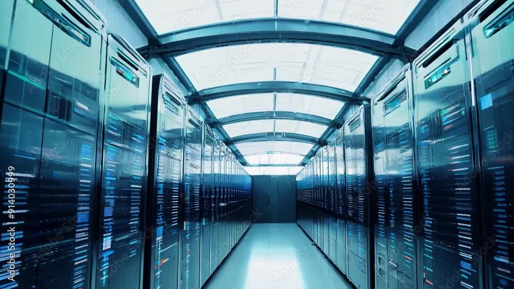 Poster bright skylights illuminate rows of servers in a high-tech data center, showcasing advanced technolo