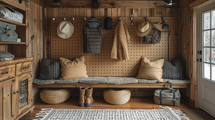 a wooden shelf with various woven baskets and bags, hats hanging on hooks