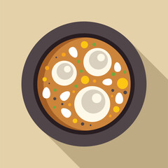 Round plate containing a steaming hot bowl of soup with dumplings and vegetables, in a flat design