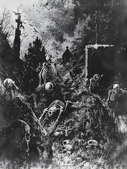 Skeletal Zombies Clawing Out of Eerie Foggy Cemetery in Grim Macabre