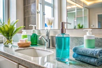 A clean bathroom countertop with a variety of antibacterial soap, hand sanitizer, and toothpaste, emphasizing the importance of daily hygiene practices.