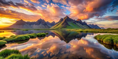 Serenity abounds in this breathtaking sunset scene featuring Vestrahorn mountains reflected in a tranquil lake, surrounded by lush greenery, evoking a sense of calm and relaxation.