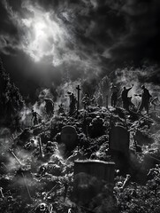 Fototapeta premium Haunting Midnight Cemetery with Emerging Skeletal Zombies in Cinematic Chiaroscuro Lighting