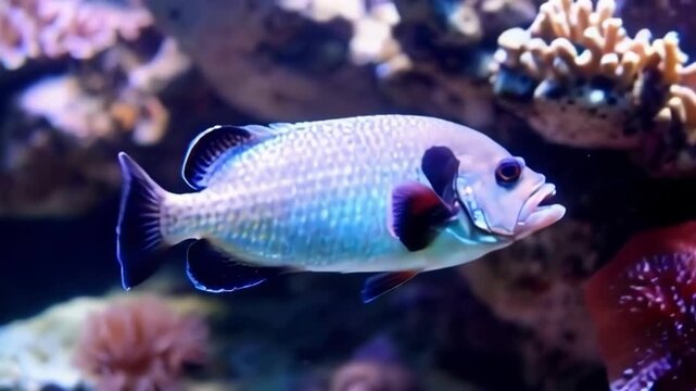 A colorful fish swimming gracefully among coral in a vibrant underwater scene