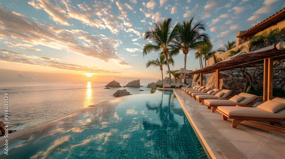 Poster Tropical Luxury Resort Infinity Pool Overlooking Sunset Ocean Landscape