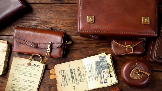 A collection of vintage leather wallets and documents on a wooden surface