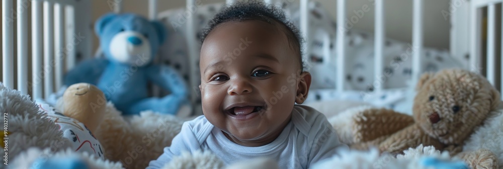 Wall mural Happy baby boy in crib with teddy bears.