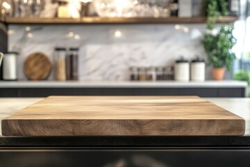Kitchen counter with empty wooden board and blur modern kitchen interior background. Food and drink product podium stand tabletop with generative ai