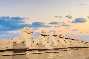 Beautiful view of ram sculptures in ancient Karnak Temple in Luxor, Egypt