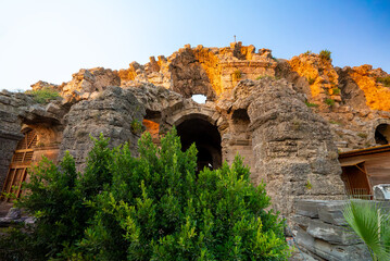 Ruins of the ancient city of Side. Ancient theater. View from the outside.