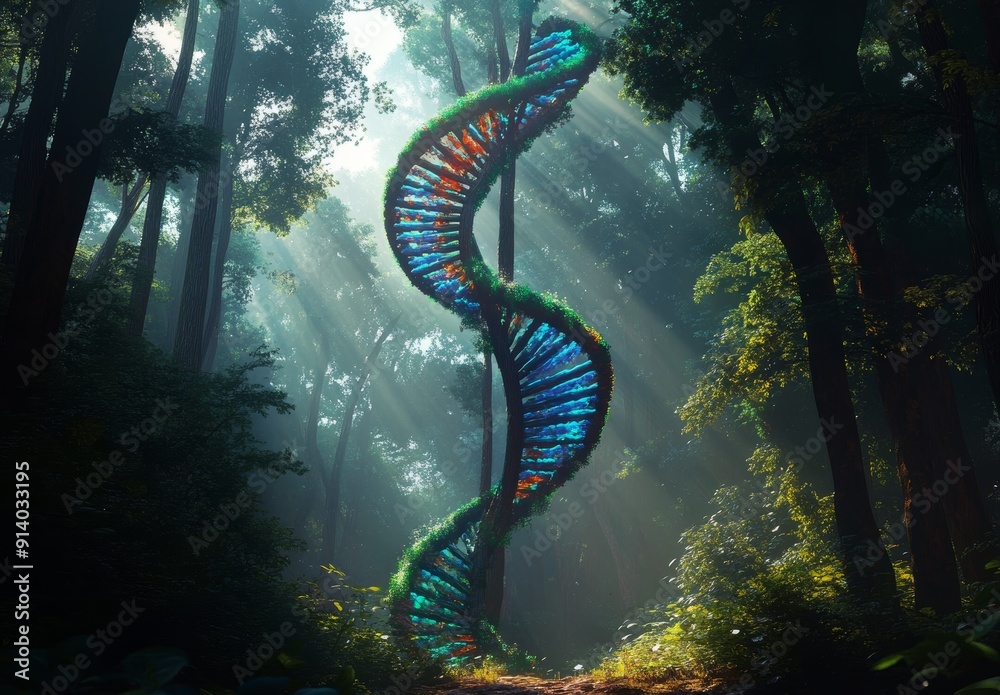 Wall mural in an enchanted forest, colorful dna strands form a double helix, illustrating biotechnology or bio 