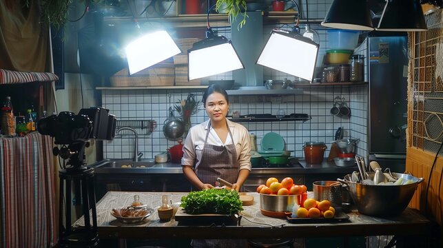 Food blogger is cutting vegetables surrounded by ingredients and filming equipment in a kitchen set with bright lights