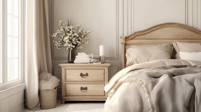 French country bedside cabinet with beige bedding in contemporary bedroom interior design
