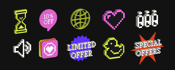 Set of sale stickers. Y2k trendy style for add. Colorful isolated label. Special offers, big promo stickers. Modern futuristic style, pixel art, label for price, offer badge set in vibrant colors.