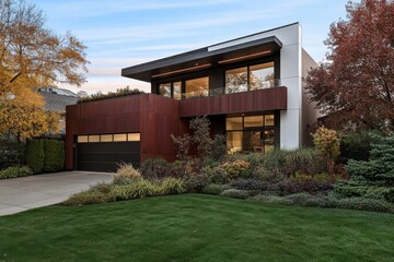 Obraz premium A modern house featuring a sleek design is surrounded by autumn trees and a well-manicured garden, representing contemporary architecture blended with nature's beauty.